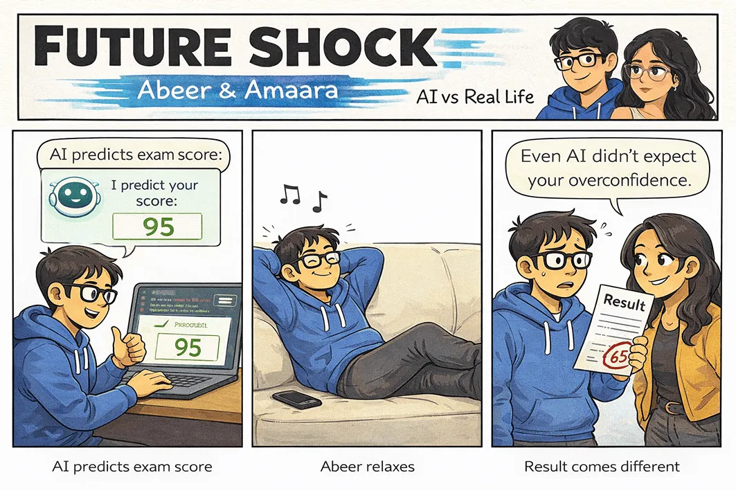 An AI predicts Abeer's exam score at 95, so he relaxes; the real result is very different, and Amaara notes, "Even AI didn't expect your overconfidence."