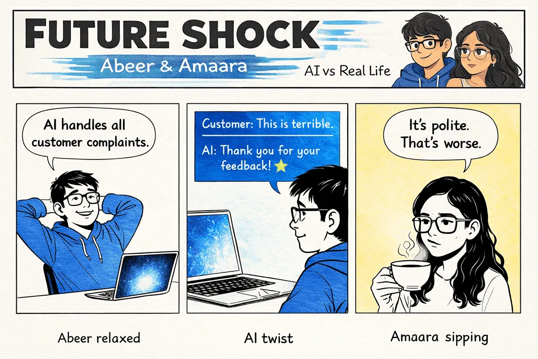 Abeer lets AI handle all complaints; a customer says "This is terrible" and the AI replies "Thank you for your feedback"; Amaara, sipping: "It's polite. That's worse."