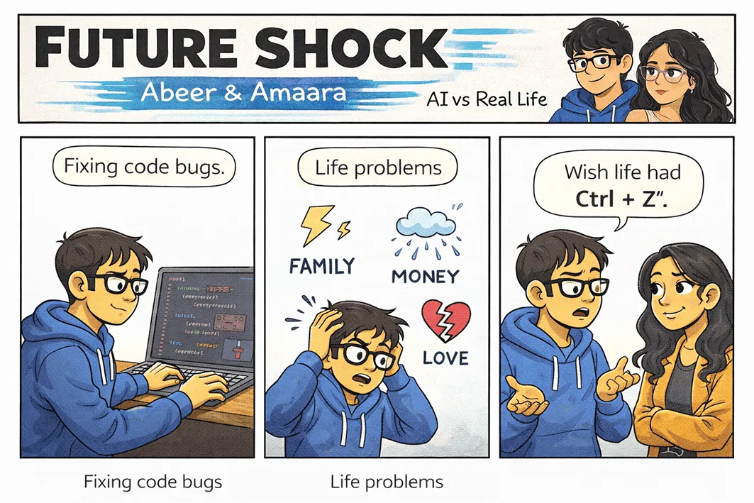 Abeer calmly fixes code bugs, then faces 'life problems' — family, money, love — and sighs, "Wish life had Ctrl + Z."