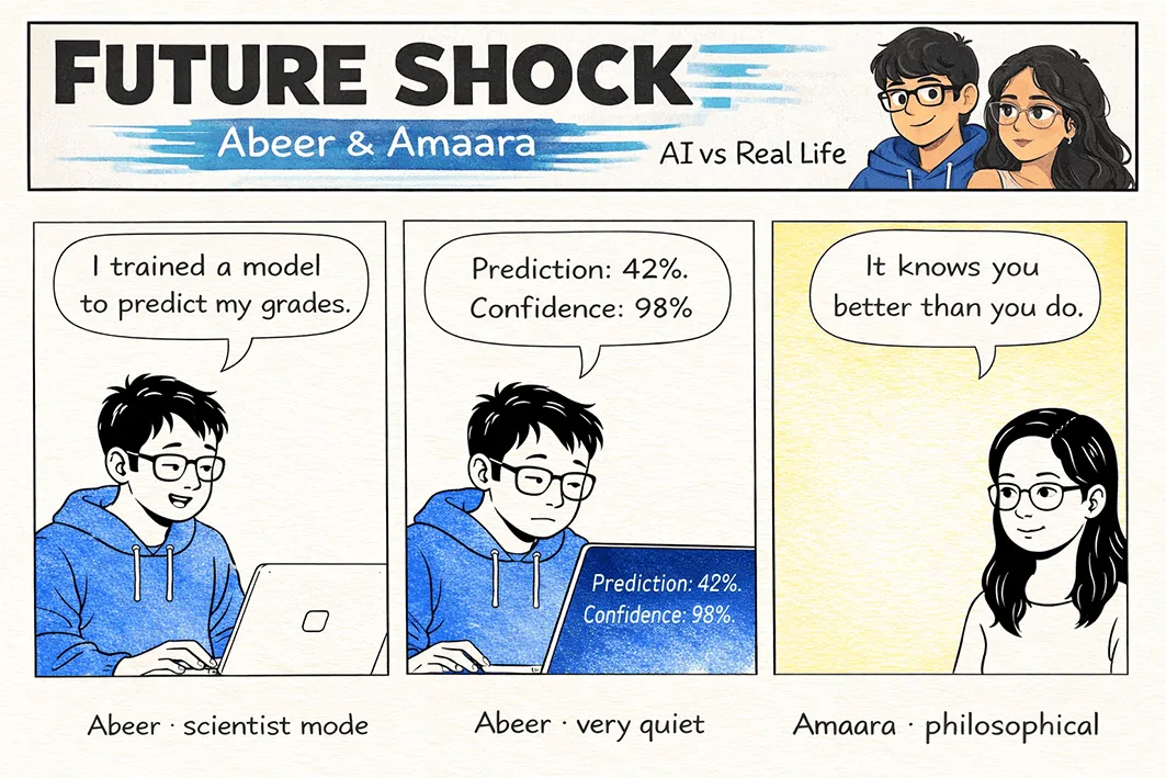 Abeer trains a model to predict his grades; it predicts 42% with 98% confidence; Amaara: "It knows you better than you do."