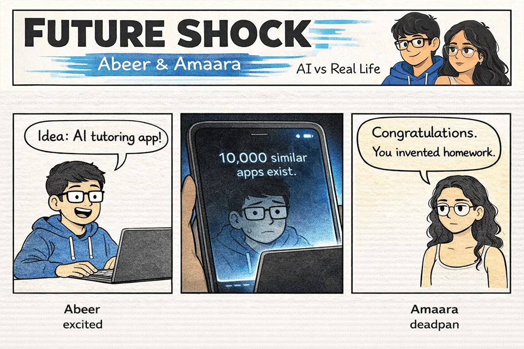 Abeer pitches an AI tutoring app; a search shows 10,000 similar apps already exist; Amaara, deadpan: "Congratulations. You invented homework."